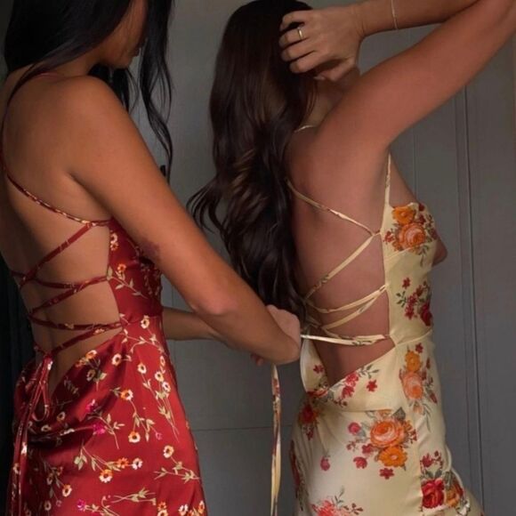 Danielle Bernstein Tie Back Roses And Daises Midi Silky Dress M Redwood Multi - Picture 2 of 16